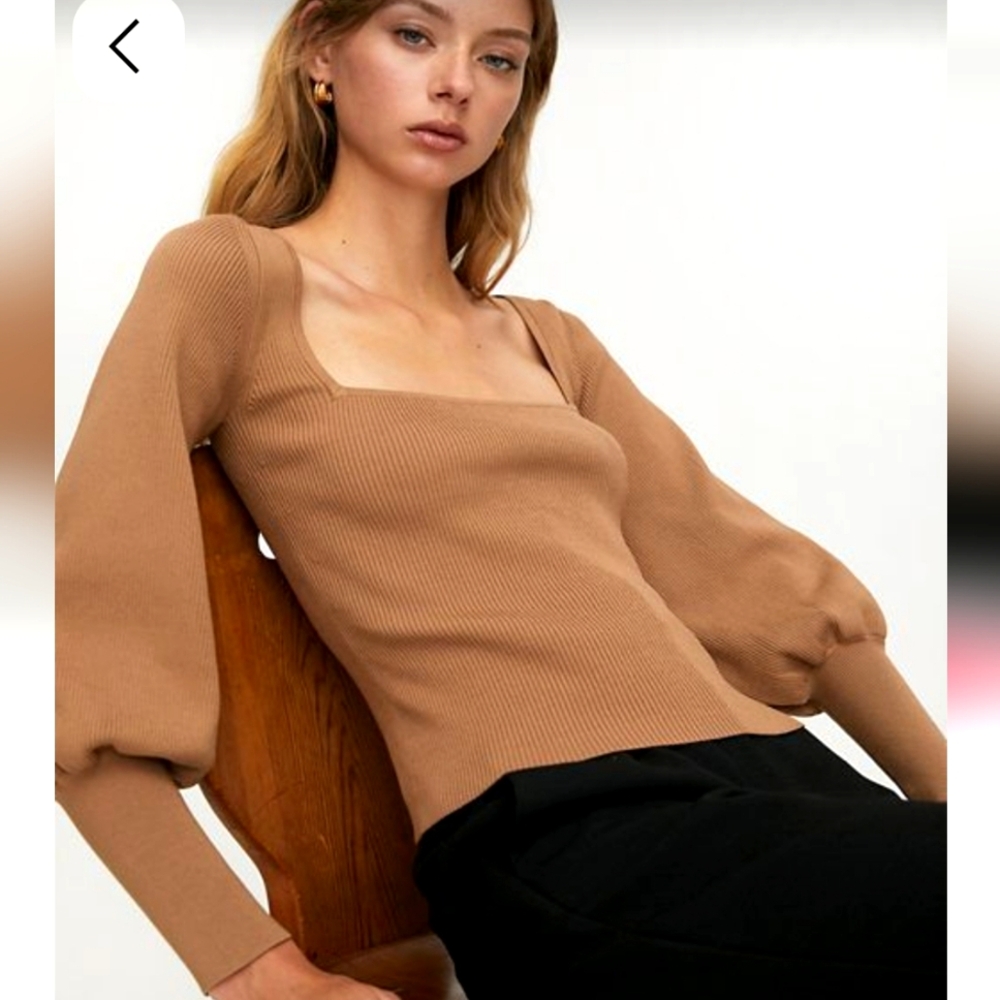 Aritzia Camel Tan Square Neck Puff Sleeve Ribbed Top